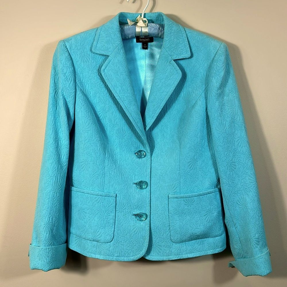 Tesori NWT Nordstrom Three Button Turquoise Blue Jewel Blazer Women Size Medium